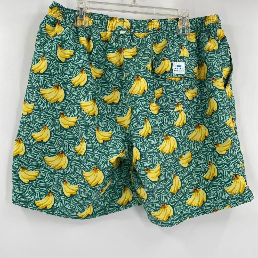 Peter Millar Mens 2XL Green Banana Pattern Stretch Waist‎ Swim Trunks